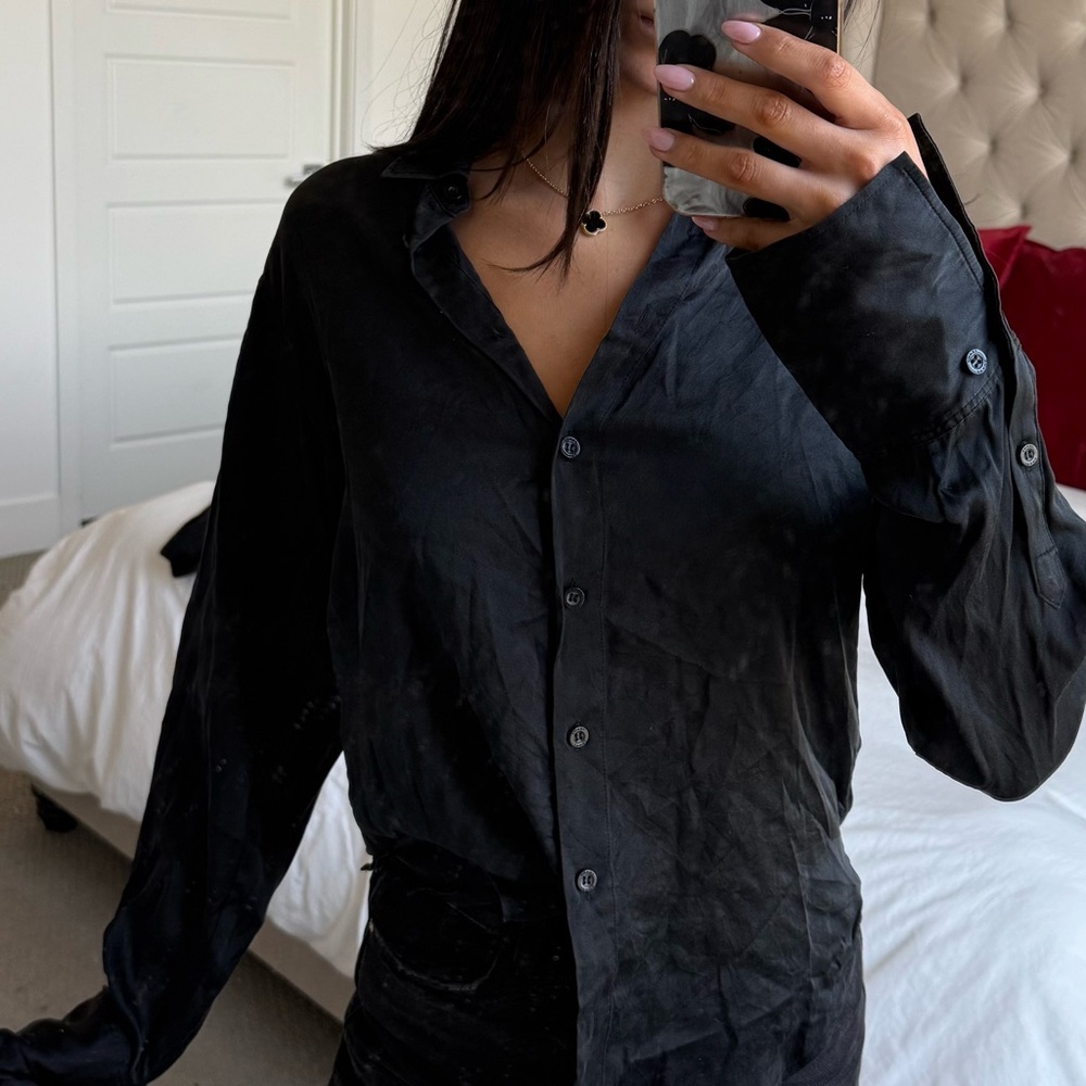 Black Button-Up Frame Silk Shirt